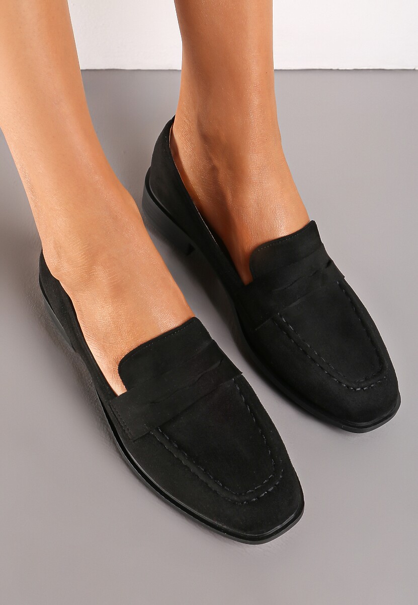 Czarne Wsuwane Mokasyny na Płaskiej Podeszwie z Przeszyciami Firana