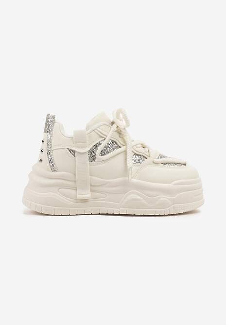 Beżowe Sneakersy w Streetwearowym Stylu na Tłoczonej Platformie z Brokatem Mailienne