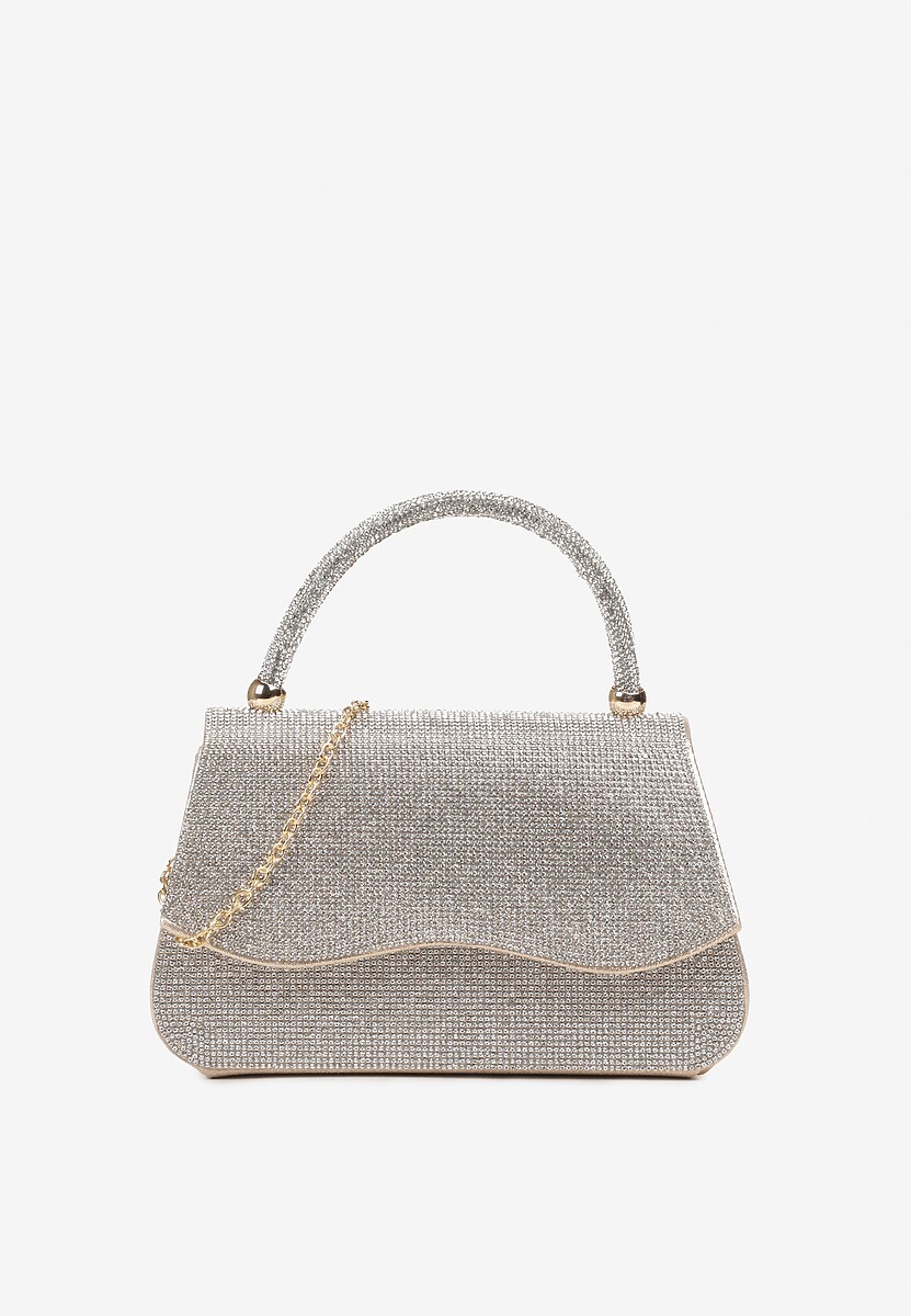 Srebrno-Złota Torebka Koktajlowa z Rączką Wysadzana Cyrkoniami z Łańcuszkiem Halorea