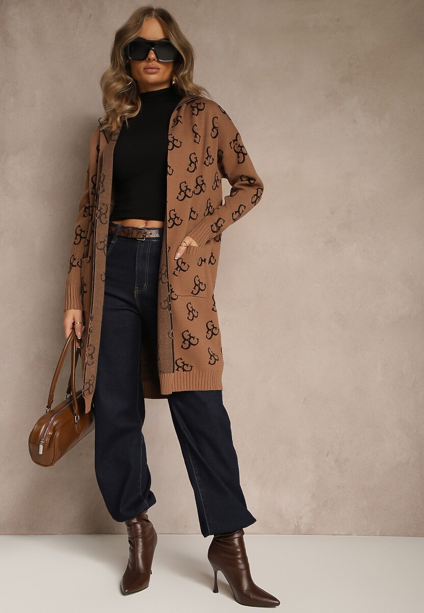 Brązowy Kardigan Ozdobiony Geometrycznym Wzorem Ralittia