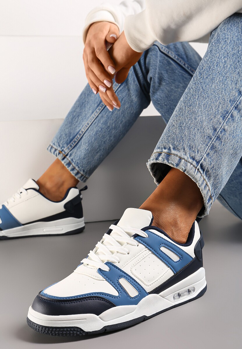 Biało-Granatowe Sznurowane Sneakersy z Licznymi Wstawkami z Ekoskóry Gwendias