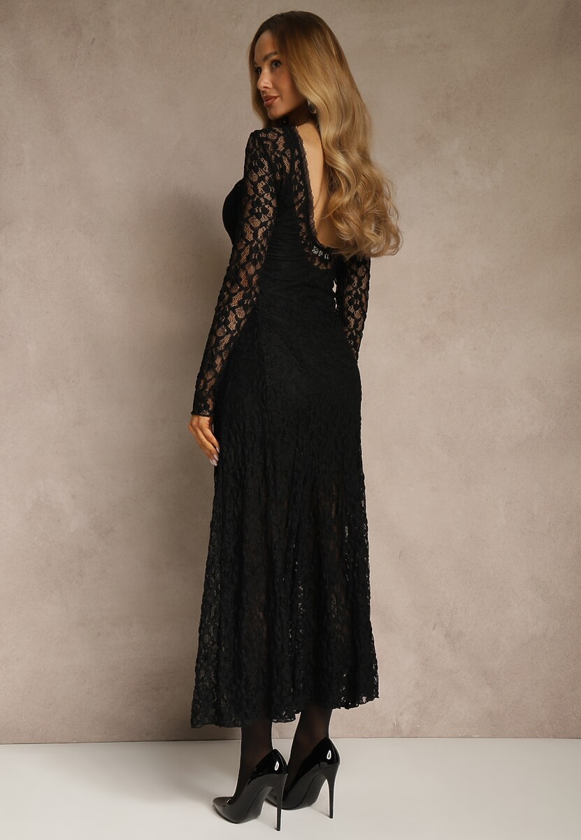 Czarna Elegancka Sukienka z Koronki z Odkrytymi Plecami Lilafera