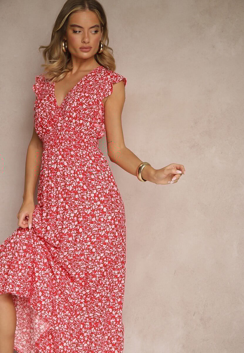 Czerwona Rozkloszowana Sukienka Zdobiona Falbanami i Kwiatowym Printem Aravee