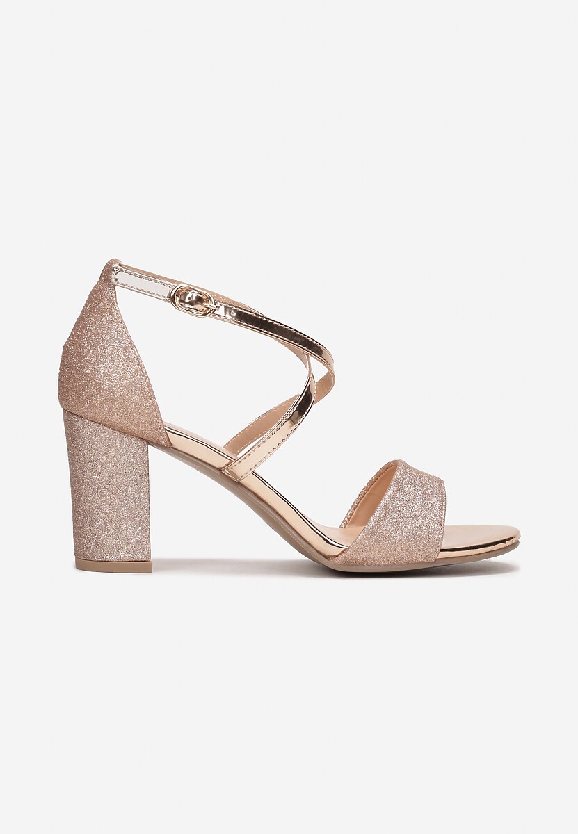 Szampańskie Brokatowe Sandały na Obcasie ze Sprzączką Marged