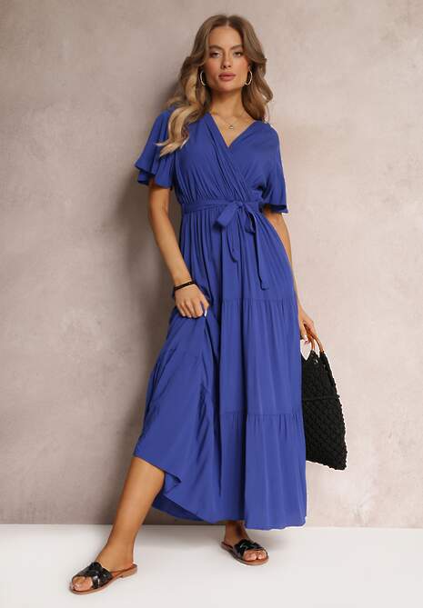 Granatowa Rozkloszowana Sukienka z Wiązanym Paskiem Adotine