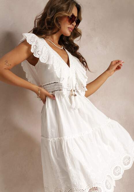 Biała Bawełniana Sukienka z Haftem i Falbankami Casira