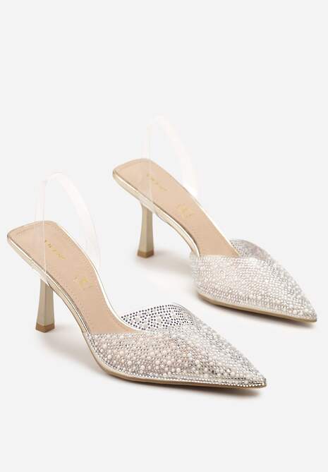 Złote Sandały Vices na Szpilce Slingback ze Skórzaną Wkładką i Cyrkoniami Ovifa