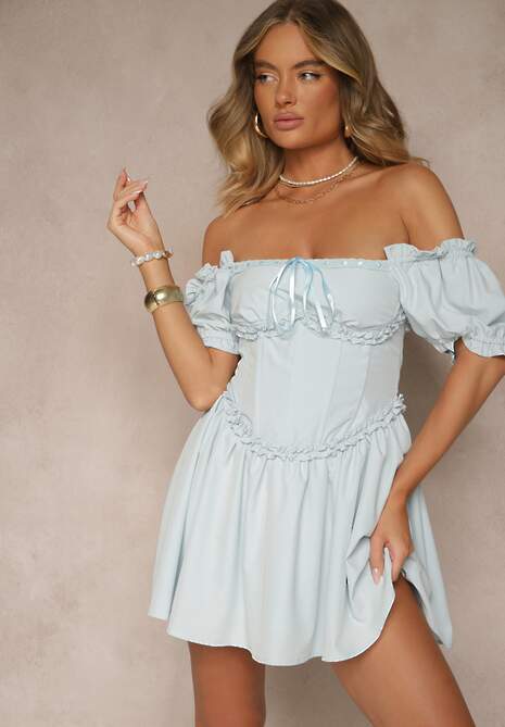 Niebieska Rustykalna Sukienka Vices z Gorsetowym Wiązaniem Tolarina