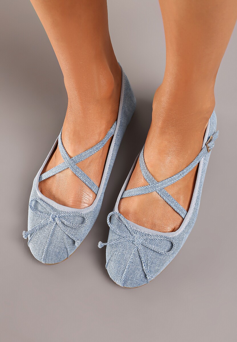 Niebieskie Balerinki z Ozdobnymi Paskami na Sprzączkę i Kokardką Zrisa