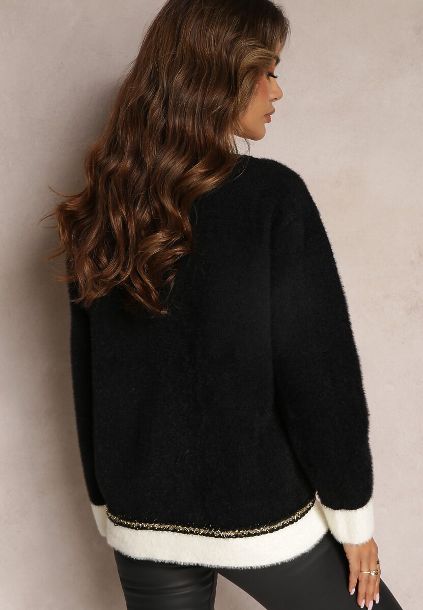 Czarny Kardigan z Wiskozy Ozdobiony Metaliczną Nicią i Guzikami Luamarina