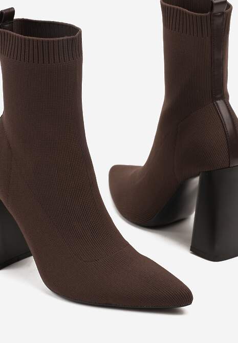 Brązowe Botki Vices na Geometrycznym Słupku ze Skarpetową Cholewką Falunelle