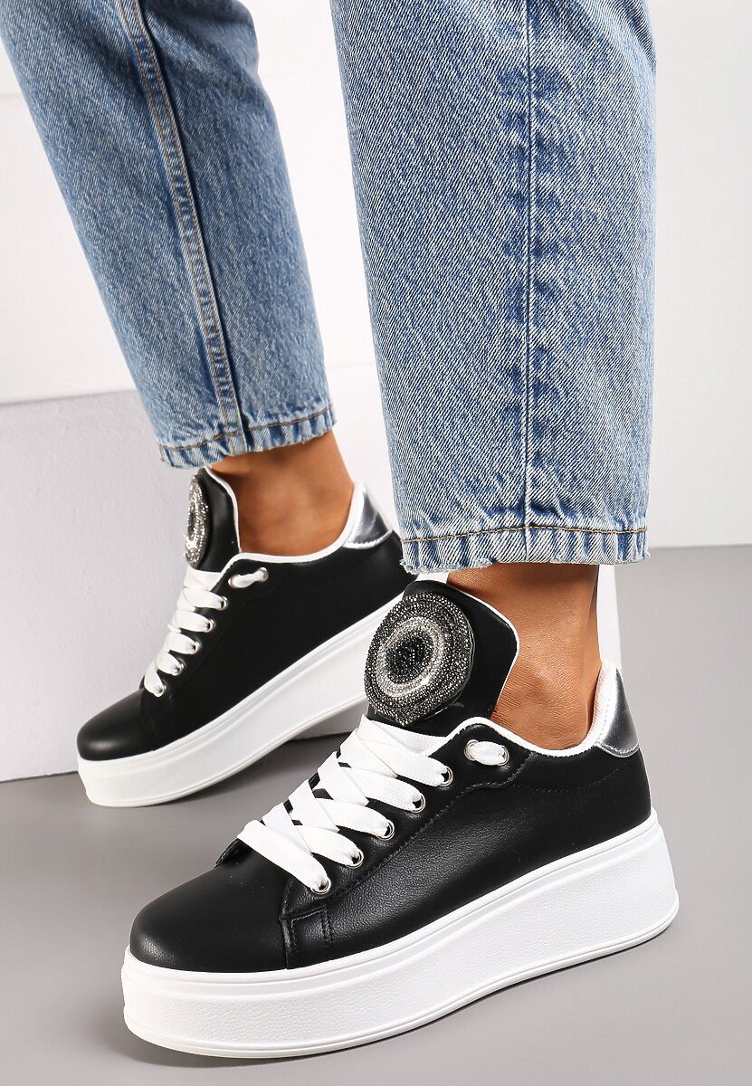 Czarne Sneakersy na Platformie z Cyrkoniami na Szerokim Języku Esirel