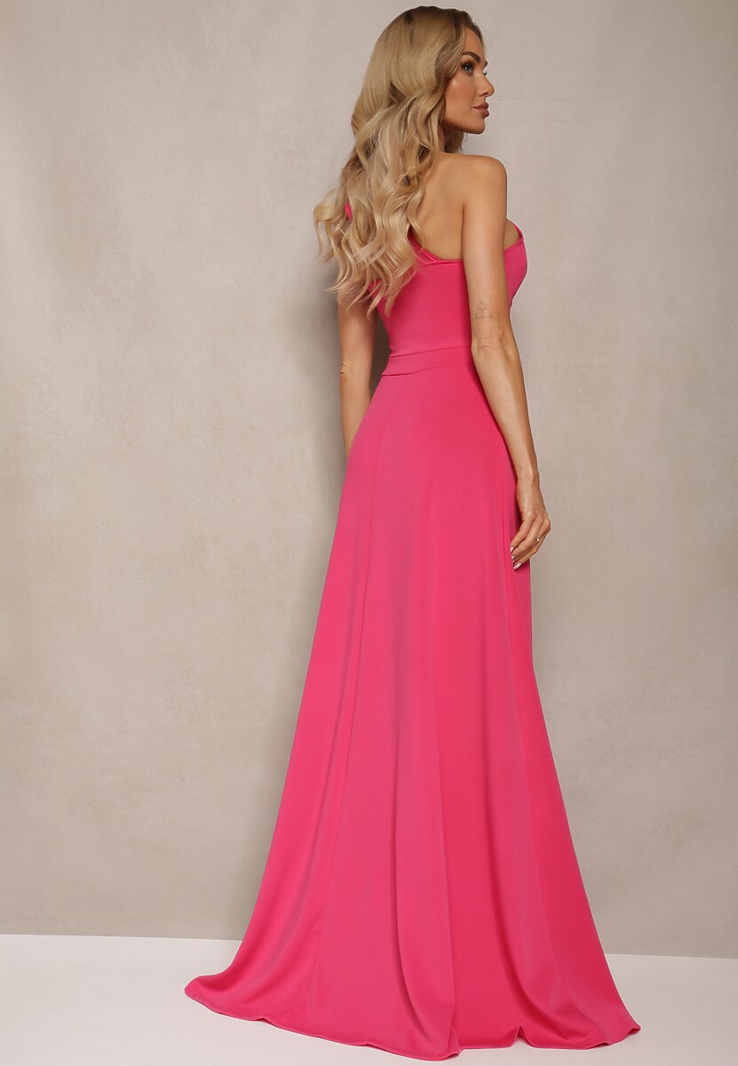 Fuksjowa Sukienka o Rozkloszowanym Kroju na Jedno Ramię z Głębokim Rozcięciem Efiela