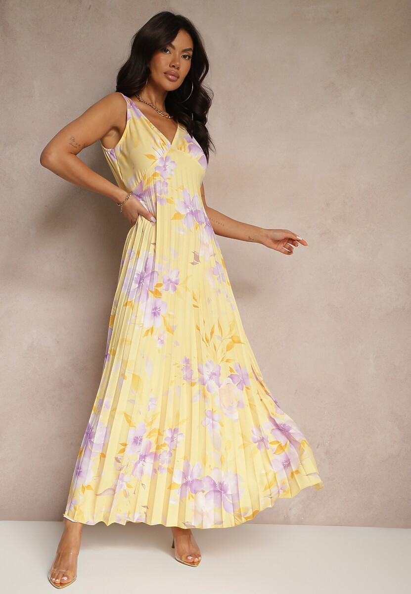 Beżowa Plisowana Sukienka o Rozkloszowanym Fasonie na Szerokich Ramiączkach Nitanela