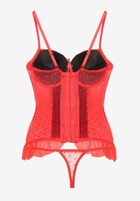 Czerwono-Czarny Koronkowy Gorset na Ramiączkach ze Stringami Paproni