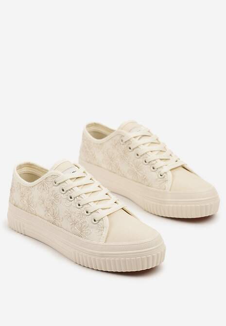Beżowe Klasyczne Trampki z Cholewką z Haftem Meppane
