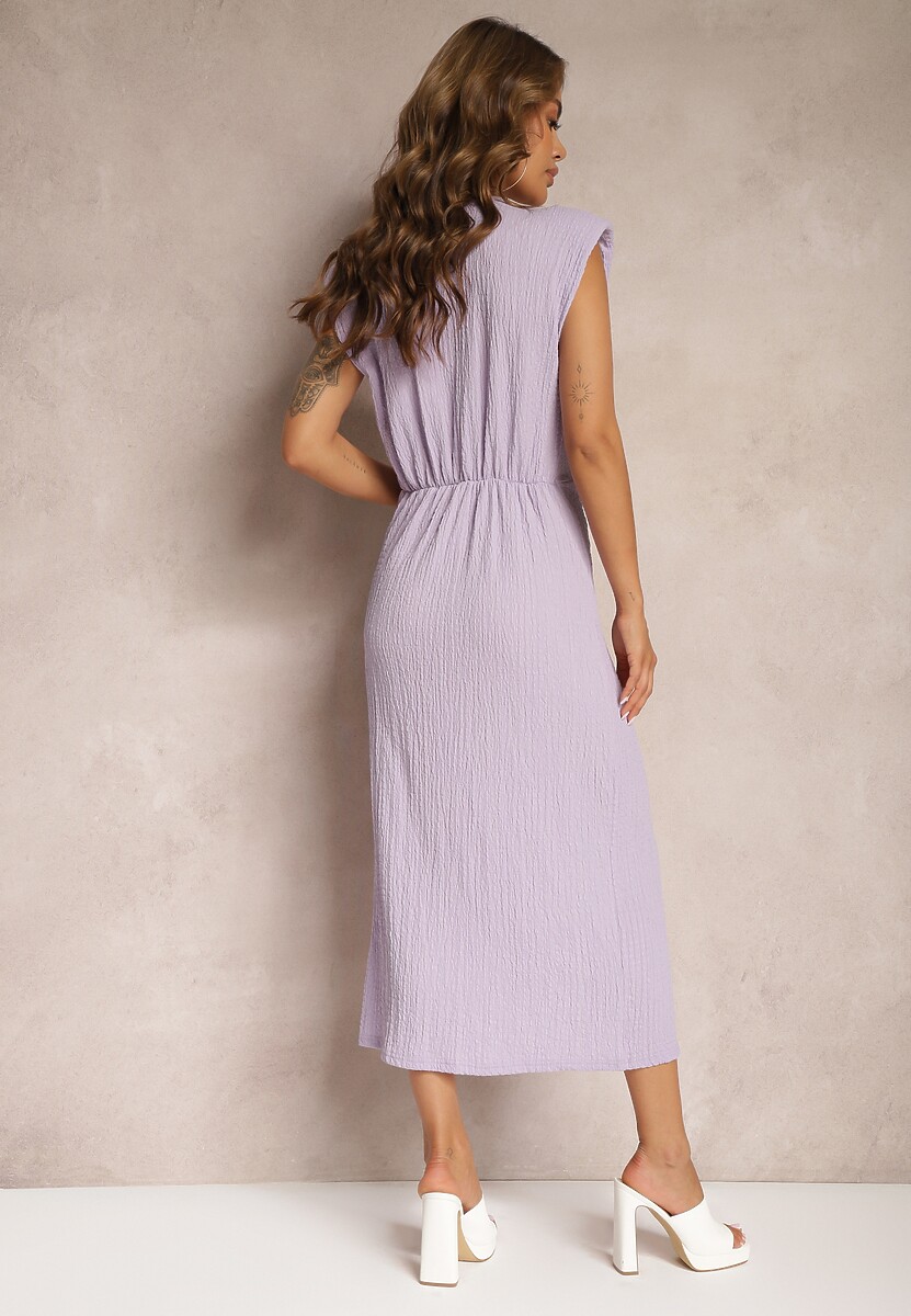 Fioletowa Marszczona Sukienka z Rozcięciem i Imitacją Węzła Tesalina
