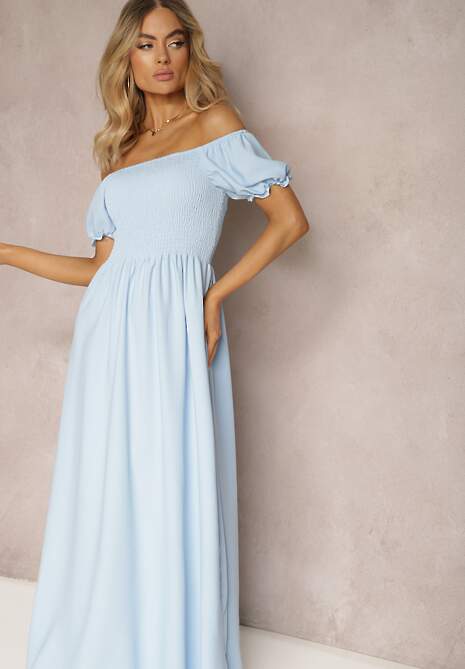 Jasnoniebieska Sukienka z Gumeczkami w Talii i Przy Dekolcie z Rozkloszowanym Dołem Anideta