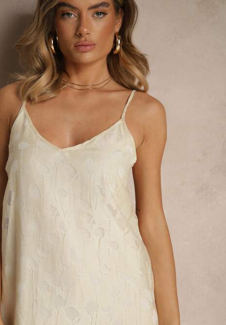 Beżowa Trapezowa Sukienka z Wiskozą na Ramiączkach Silarisse