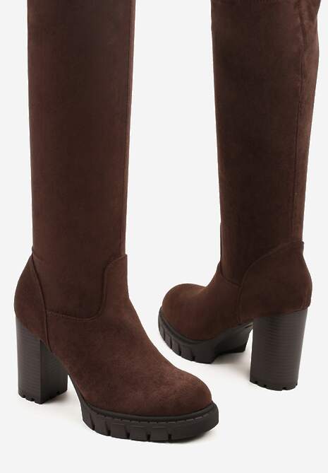 Brązowe Kozaki z Imitacji Zamszu na Obcasie Typu Słupek Rilaresa