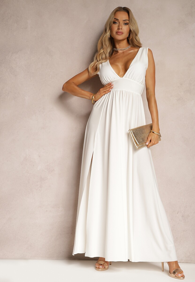 Biała Sukienka Wieczorowa na Ramiączkach z Dekoltem w Szpic i Rozcięciem Nestanni