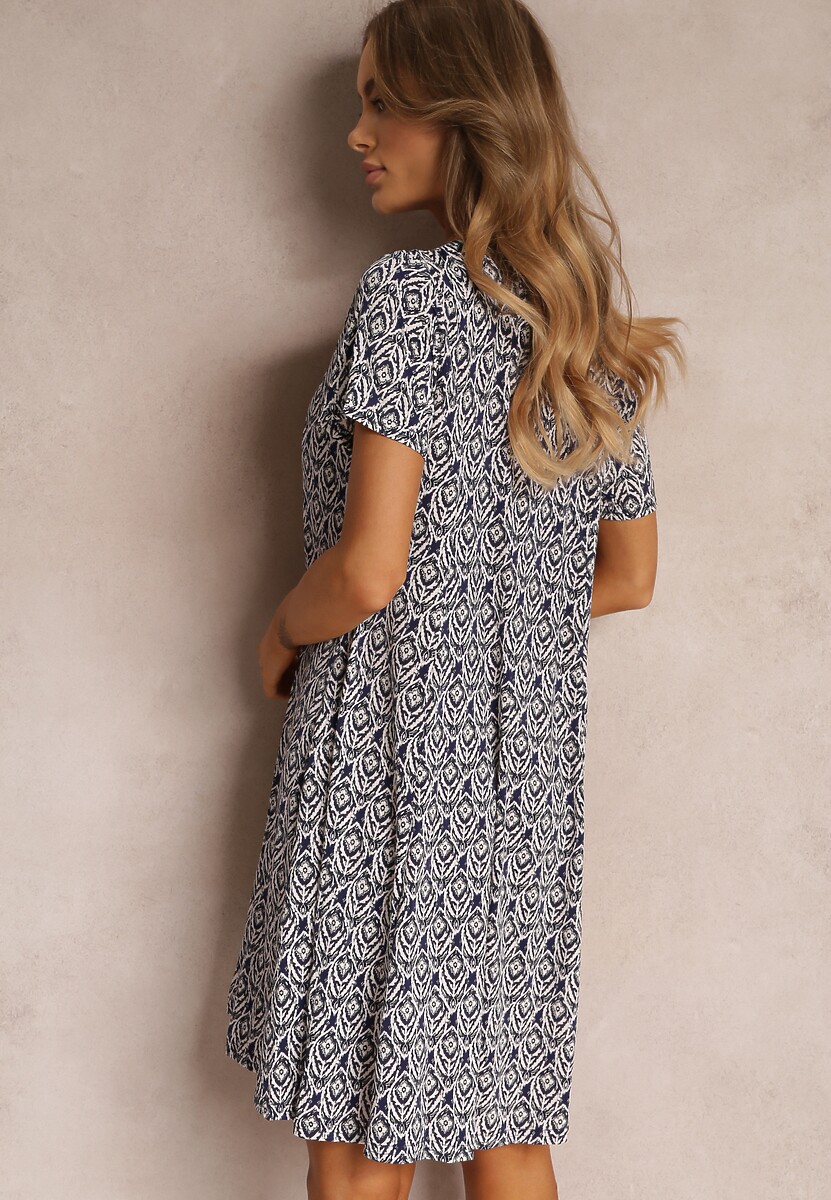 Granatowa Sukienka Mini z Krótkimi Rękawami i Wzorem w Kwiaty Cassatha