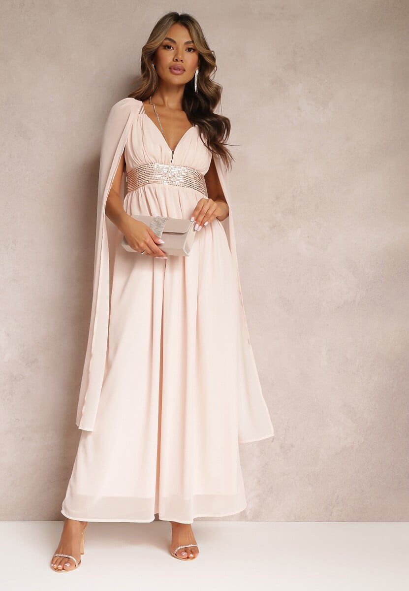 Różowa Maxi Sukienka o Rozkloszowanym Fasonie Ozdobiona Cekinami na Szerokich Ramiączkach Nedilva