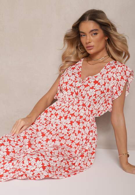 Czerwona Rozkloszowana Sukienka z Bawełny w Kwiatowy Wzór z Gumką w Talii Alaniria