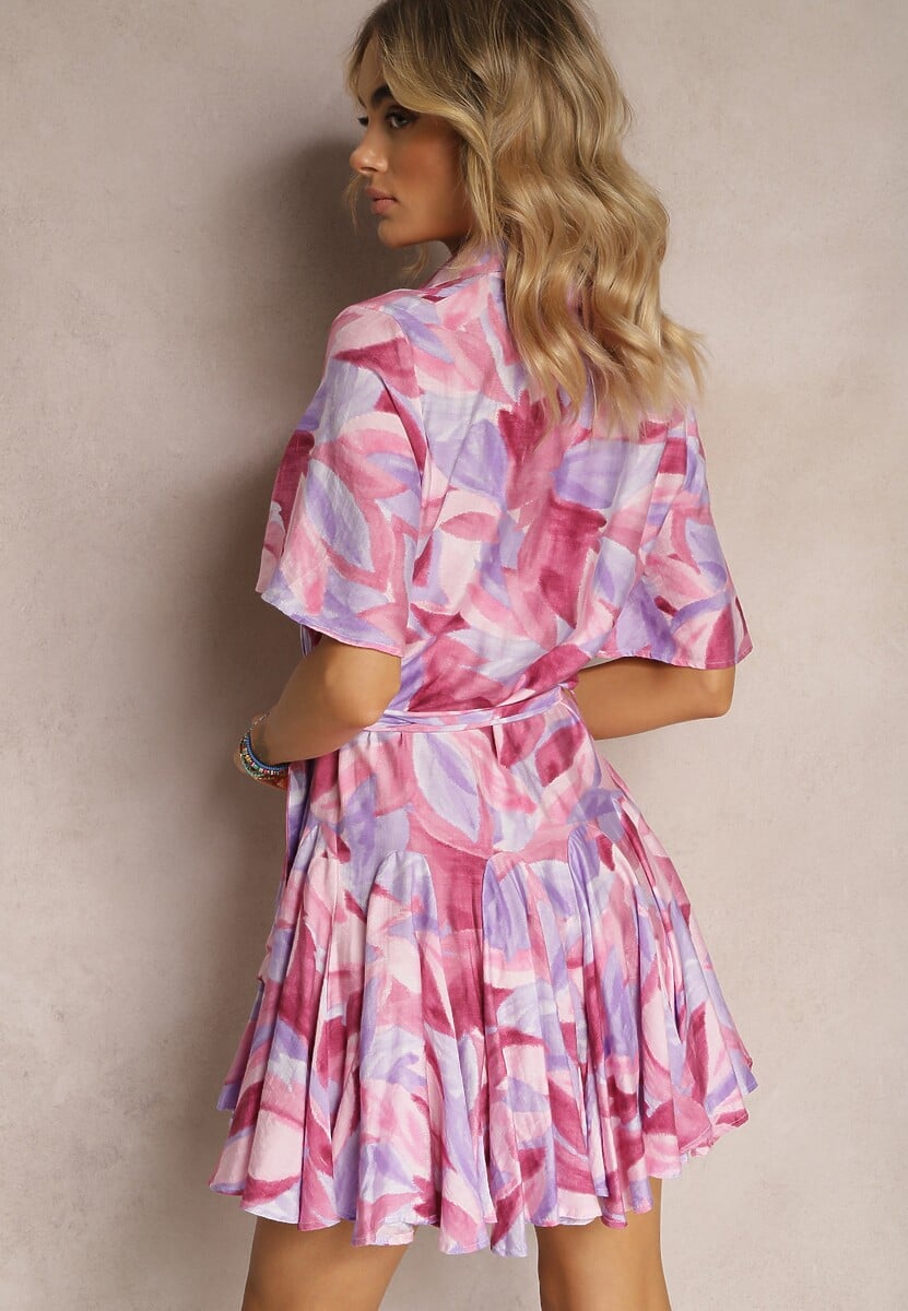 Fioletowo-Różowa Rozkloszowana Sukienka Wiązana w Pasie z Falbanami Salmarina