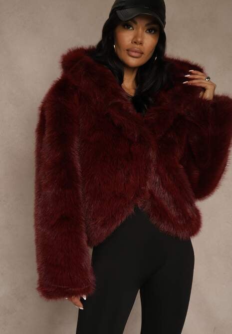 Bordowa Kurtka Futro z Nieodpinanym Kapturem Zetera
