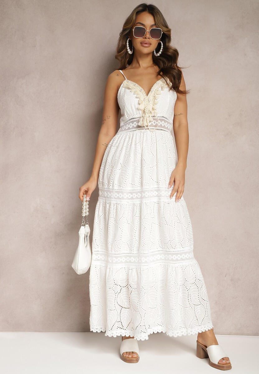 Biało-Beżowa Haftowana Sukienka Bawełniana w Stylu Boho Tirinassa