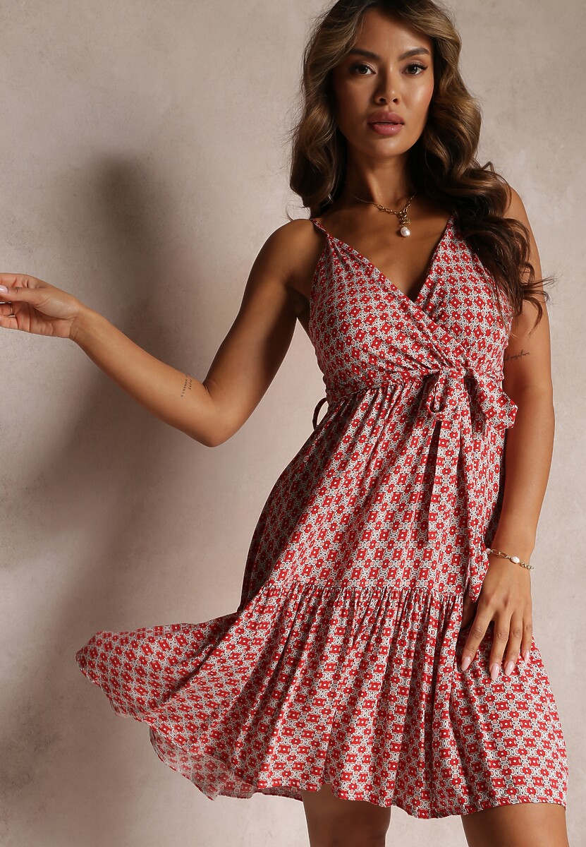 Zielona Wiskozowa Sukienka z Falbankami i Gumką w Pasie z Materiałowym Paskiem Erafina