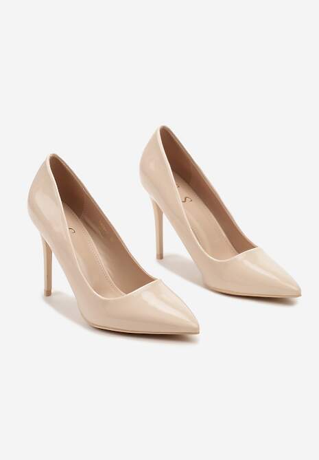 Beżowe Szpilki z Lakierowanej Imitacji Skóry na Szpilce Pranesta