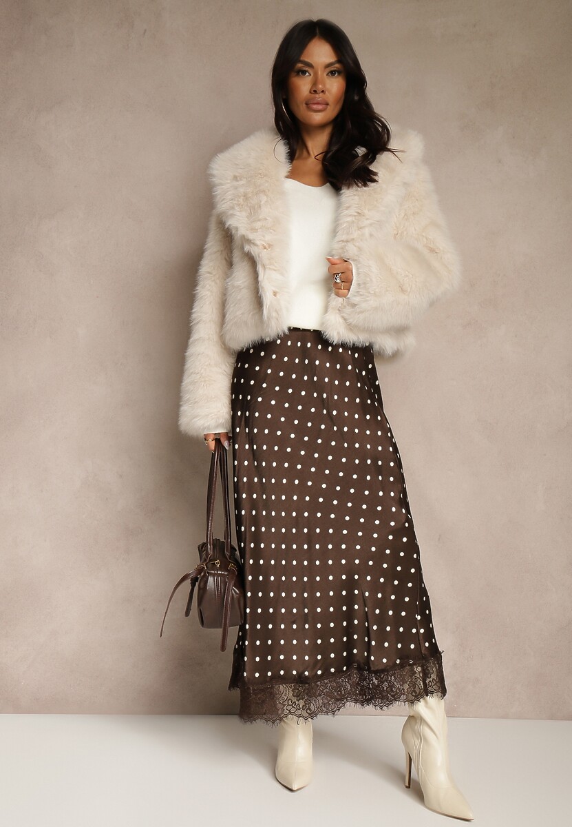 Brązowa Spódnica z Wiskozy High Waist Ozdobiona Kropkami i Koronką Monivia