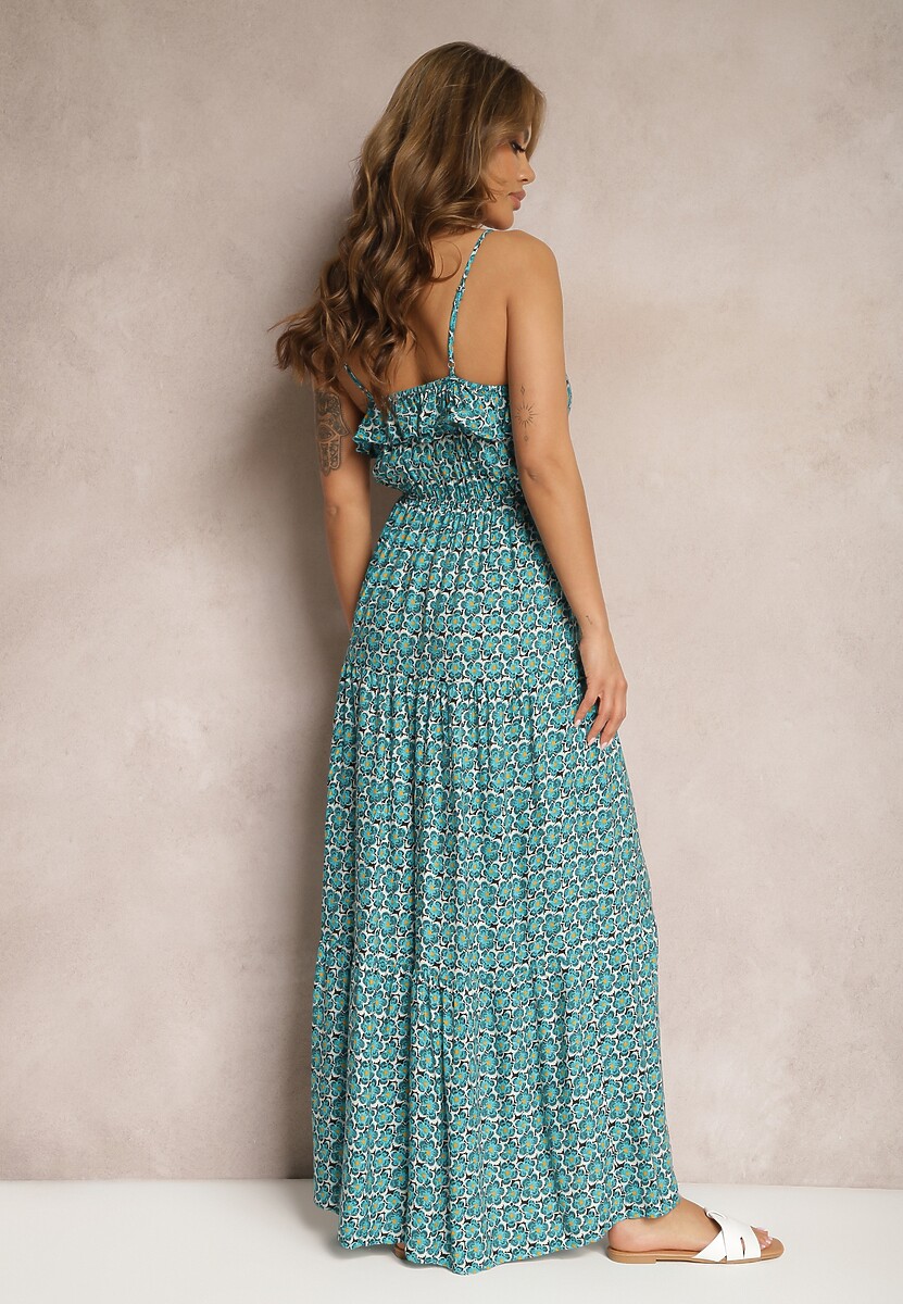 Niebieska Rozkloszowana Sukienka z Wiskozy na Regulowanych Ramiączkach Wrinesa