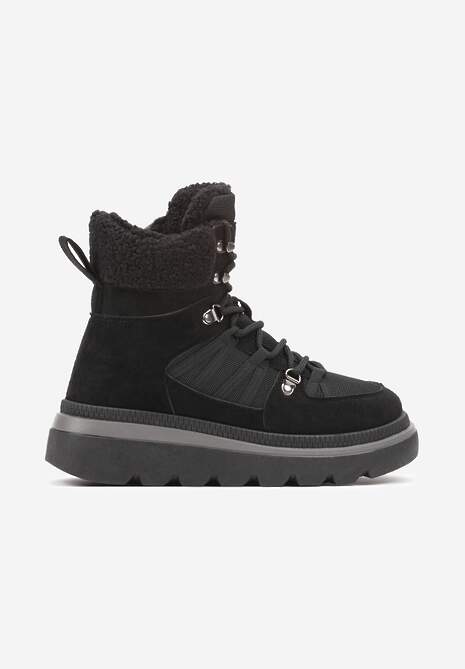 Czarne Futerkowe Traperki na Niskiej Platformie Linivora