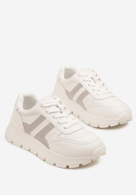 Biało-Szare Sneakersy na Grubej Podeszwie Zdobione Przeszyciami Lulline