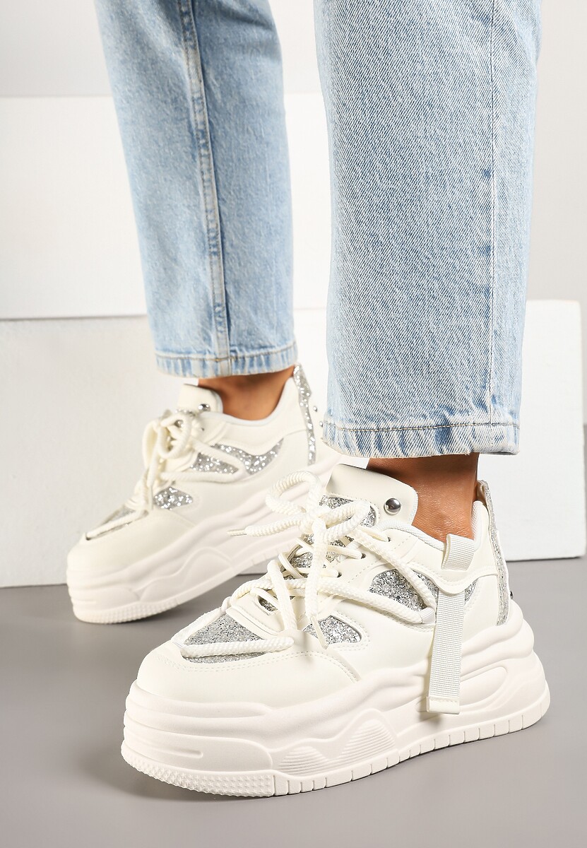 Beżowe Sneakersy w Streetwearowym Stylu na Tłoczonej Platformie z Brokatem Mailienne