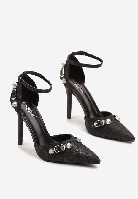 Czarne Szpilki Ozdobione Metalicznymi Klamrami i Plecioną Cholewką Elliwen