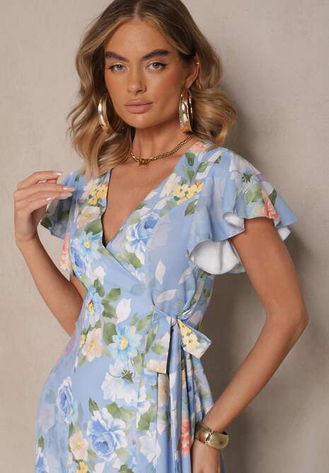 Jasnoniebieska Kopertowa Sukienka w Kwiaty Atesalia