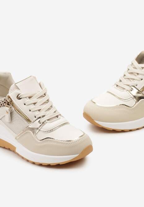 Beżowo-Brązowe Sneakersy na Niewysokim Koturnie Ozdobione Suwakiem i Wstawkami Liorrama