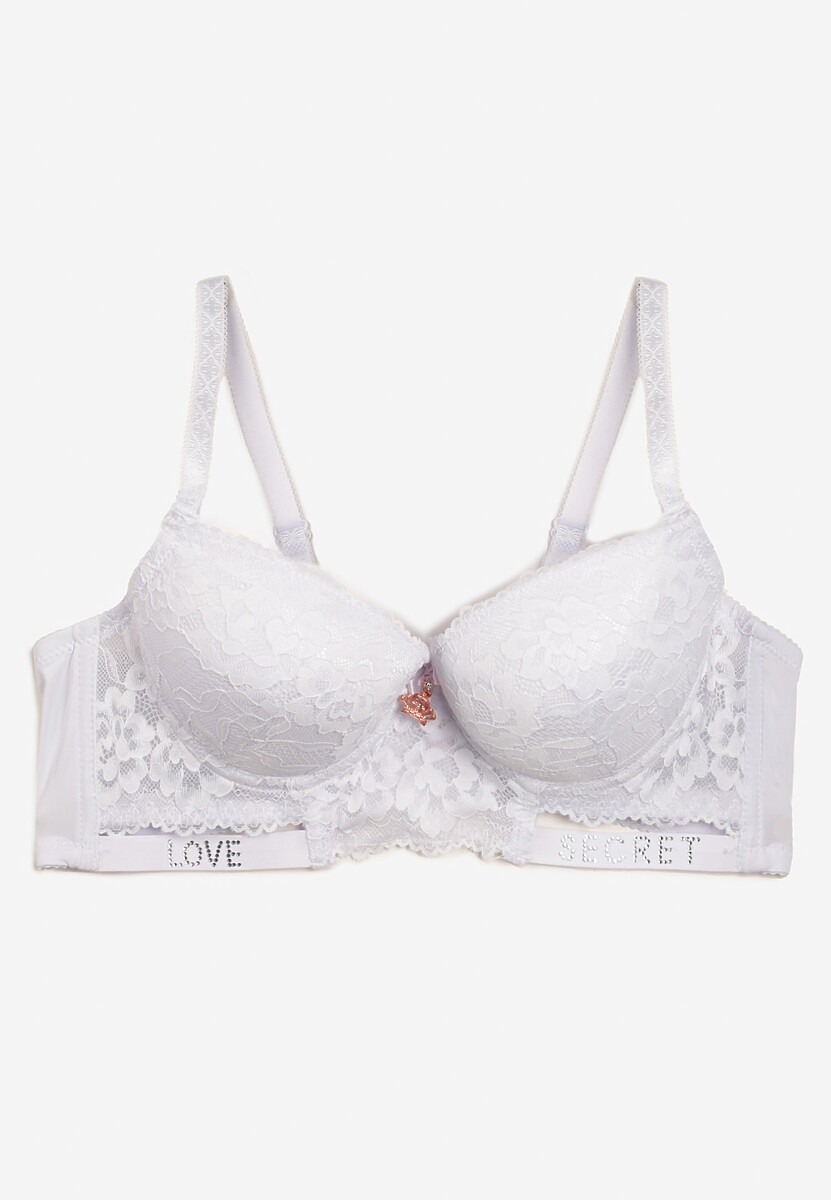 Czarno-Beżowy Biustonosz Push-Up Ozdobiony Koronką i Napisami z Cekinami Elisei