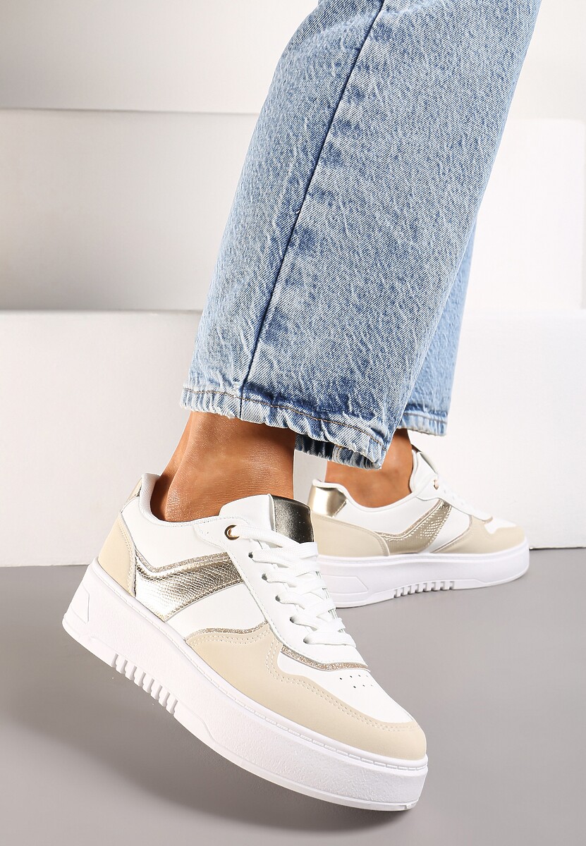 Biało-Beżowe Sneakersy na Platformie z Brokatowymi Akcentami Sellona