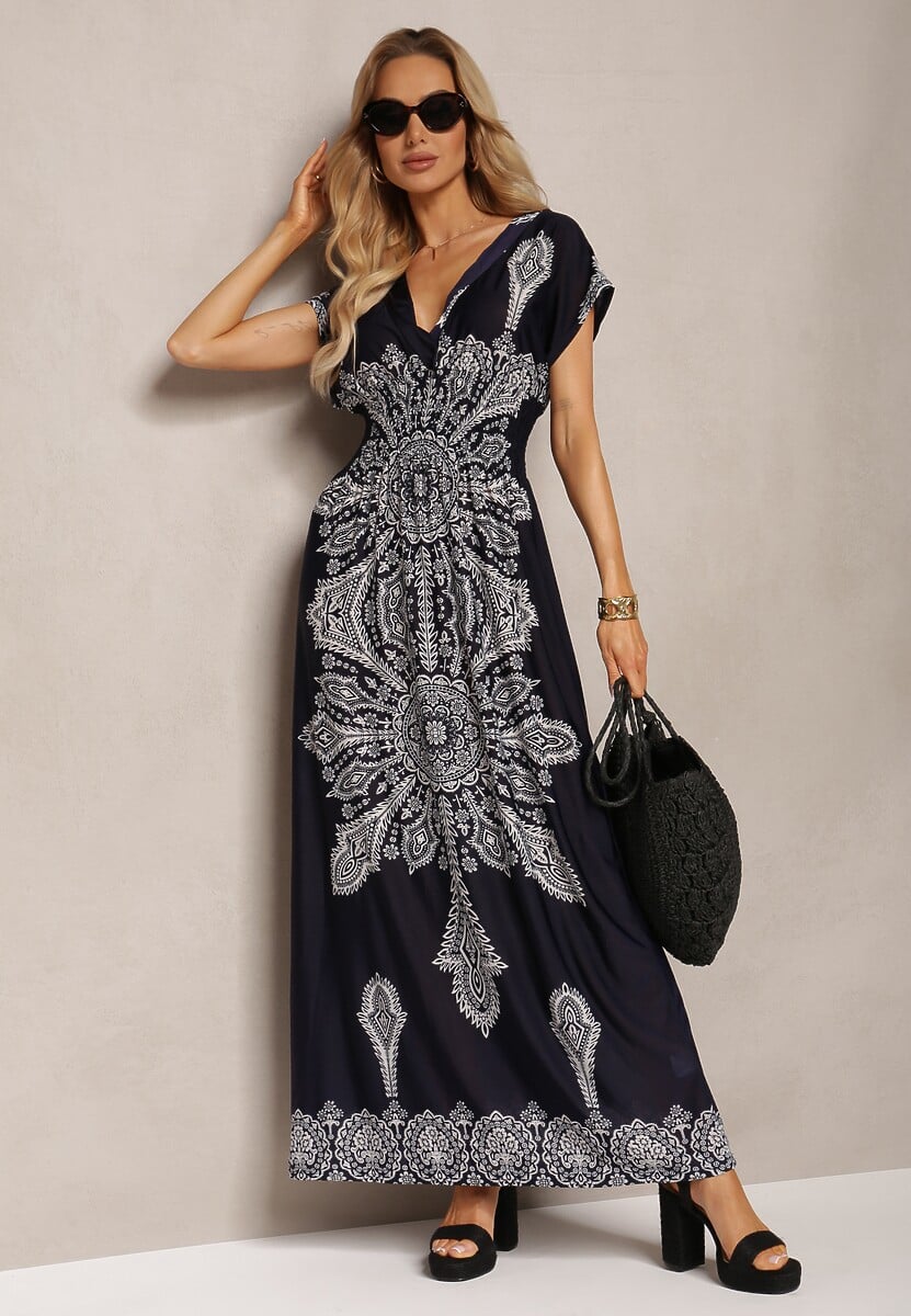 Czarna Letnia Sukienka z Gumką w Pasie Kopertową Górą i Ornamentalnym Printem Avilepea
