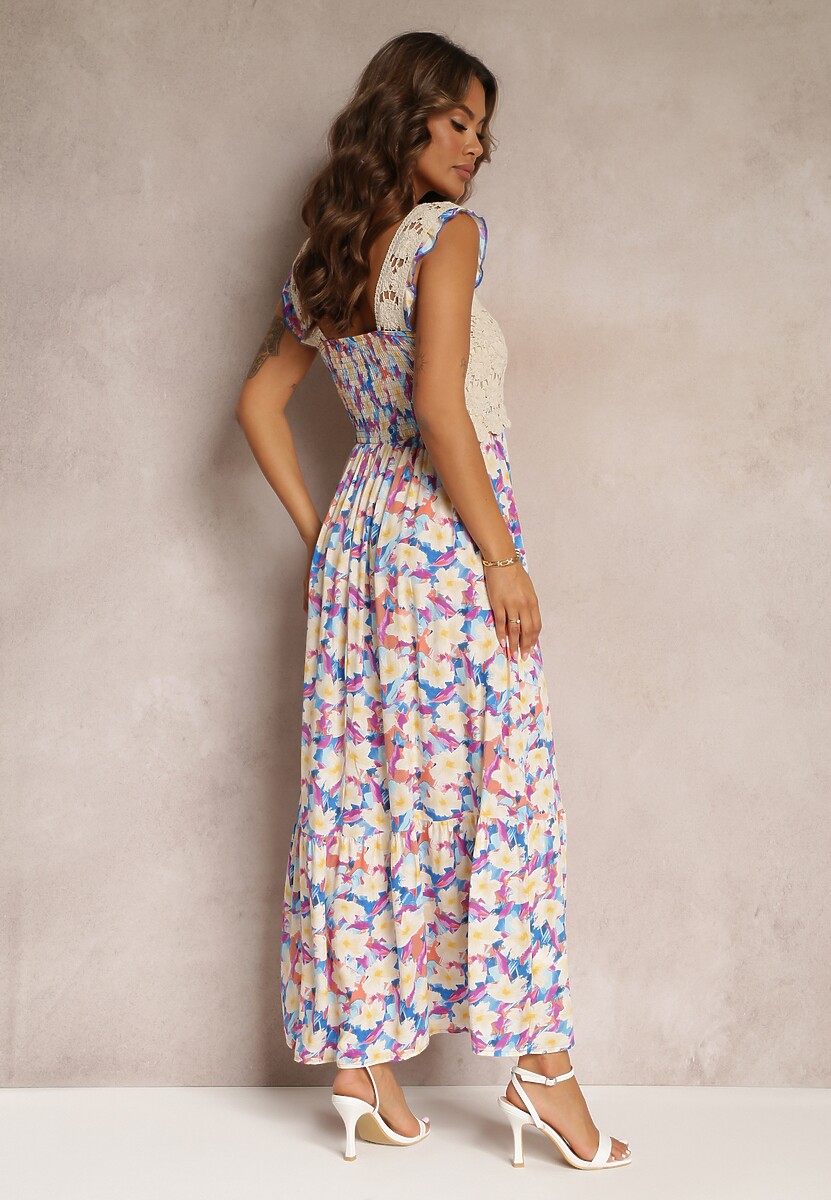 Niebieska Maxi Wiskozowa Sukienka Maxi w Kwiaty z Kwadratowym Dekoltem Alten