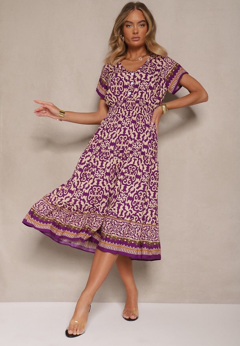 Ciemnofioletowa Sukienka z Bawełny z Gumką w Pasie i Ozdobnymi Guzikami Natifarela