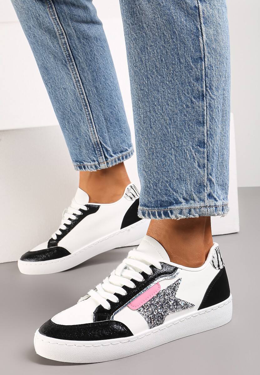 Biało-Czarne Sneakersy z Brokatowymi Wstawkami i Gwiazdką Reniva