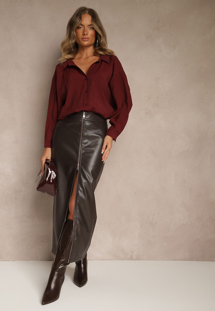 Bordowa Koszula z Modalem o Fasonie Oversize Adavelle