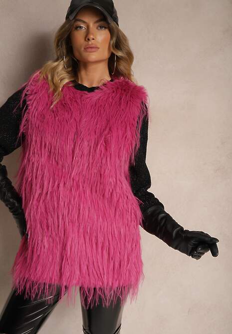 Fuksjowa Futerkowa Kamizelka o Prostym Kroju z Kieszeniami Venialith