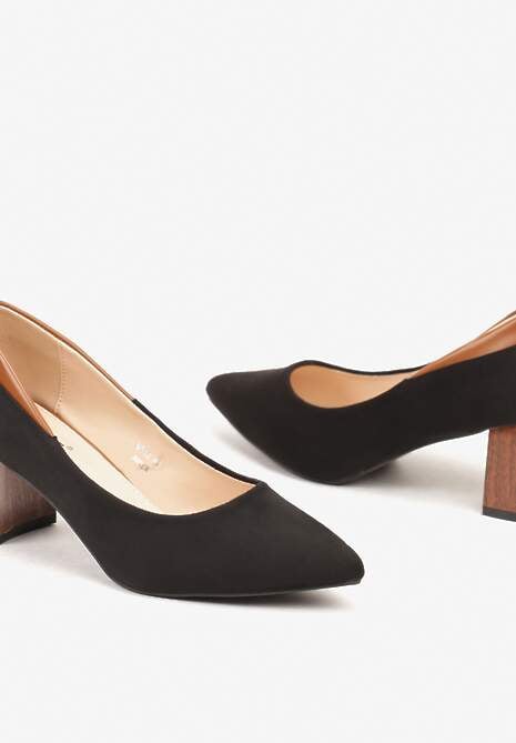Czarne Czółenka na Obcasie Typu Słupek ze Szpiczastym Noskiem i Metaliczną Wstawką Erifra